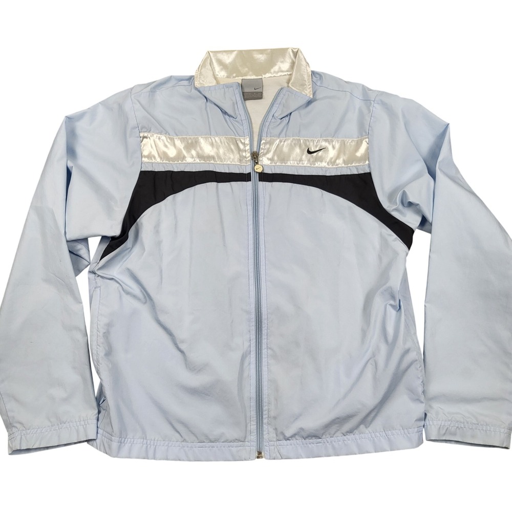 Vintage Nike Windbreaker Jacket Womens Medium Blue Satin Stripe Y2K Swoosh Shiny